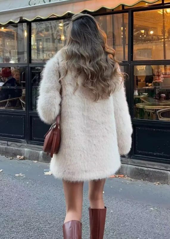 Women’s Off-White Faux-Fur Coat – Soft Warm Lined Winter Jacket