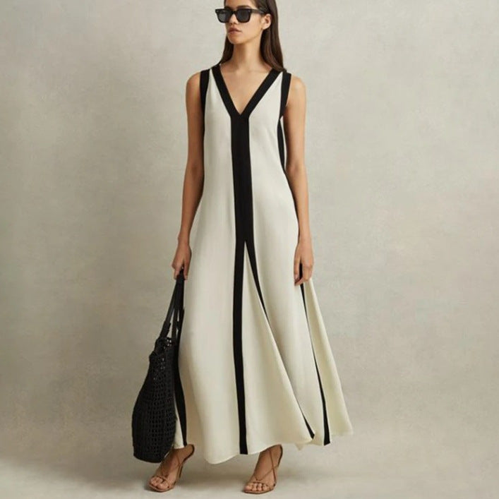 V-Neck Two-Tone Long Dress for Effortless Style
