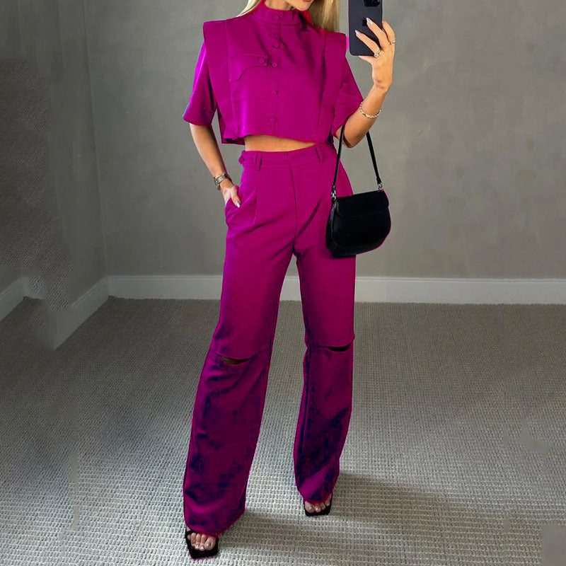 Crop Top and High-Waisted Trousers Set