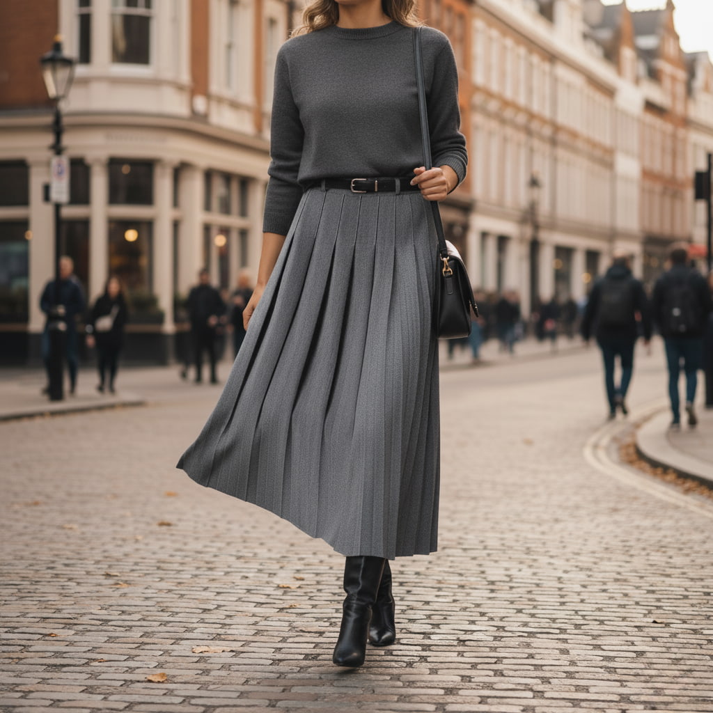 Pleated Midi Skirt for Women - Belted High-Waist A-Line Style