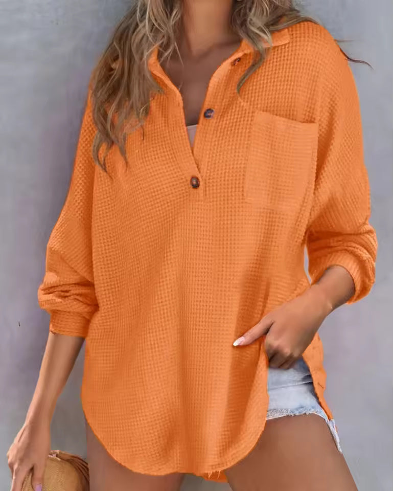 Waffle-Knit V-Neck Long-Sleeve Top for Women