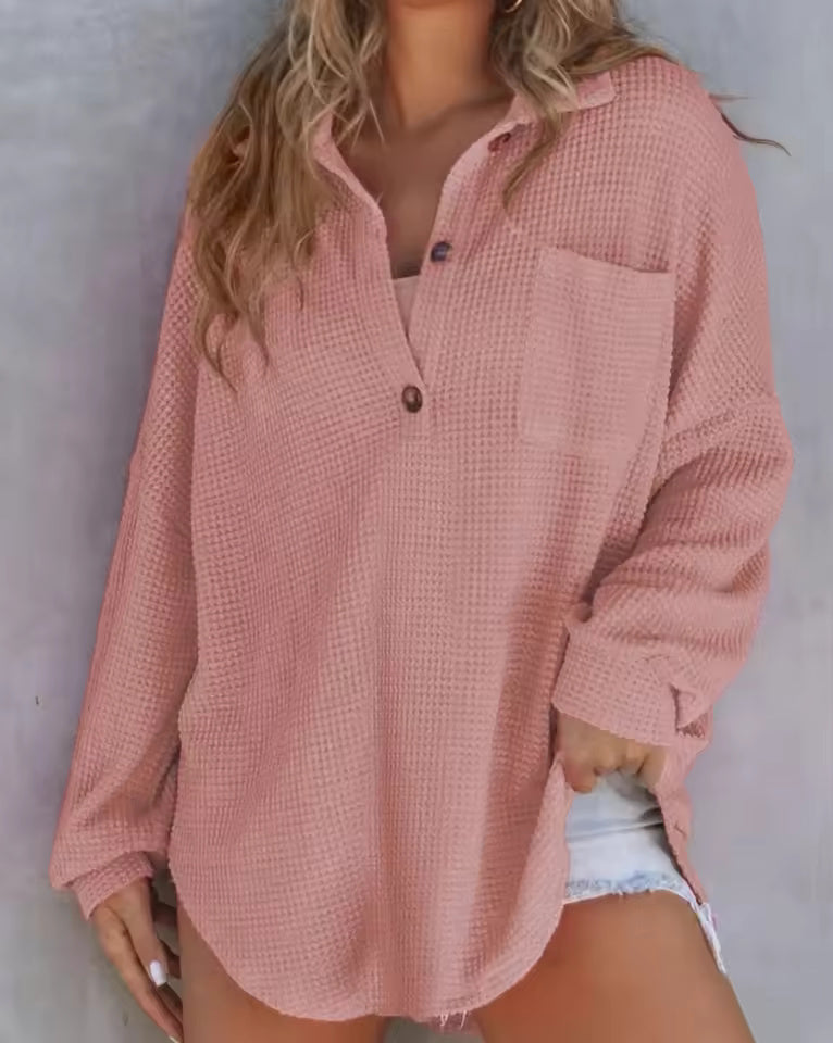 Waffle-Knit V-Neck Long-Sleeve Top for Women
