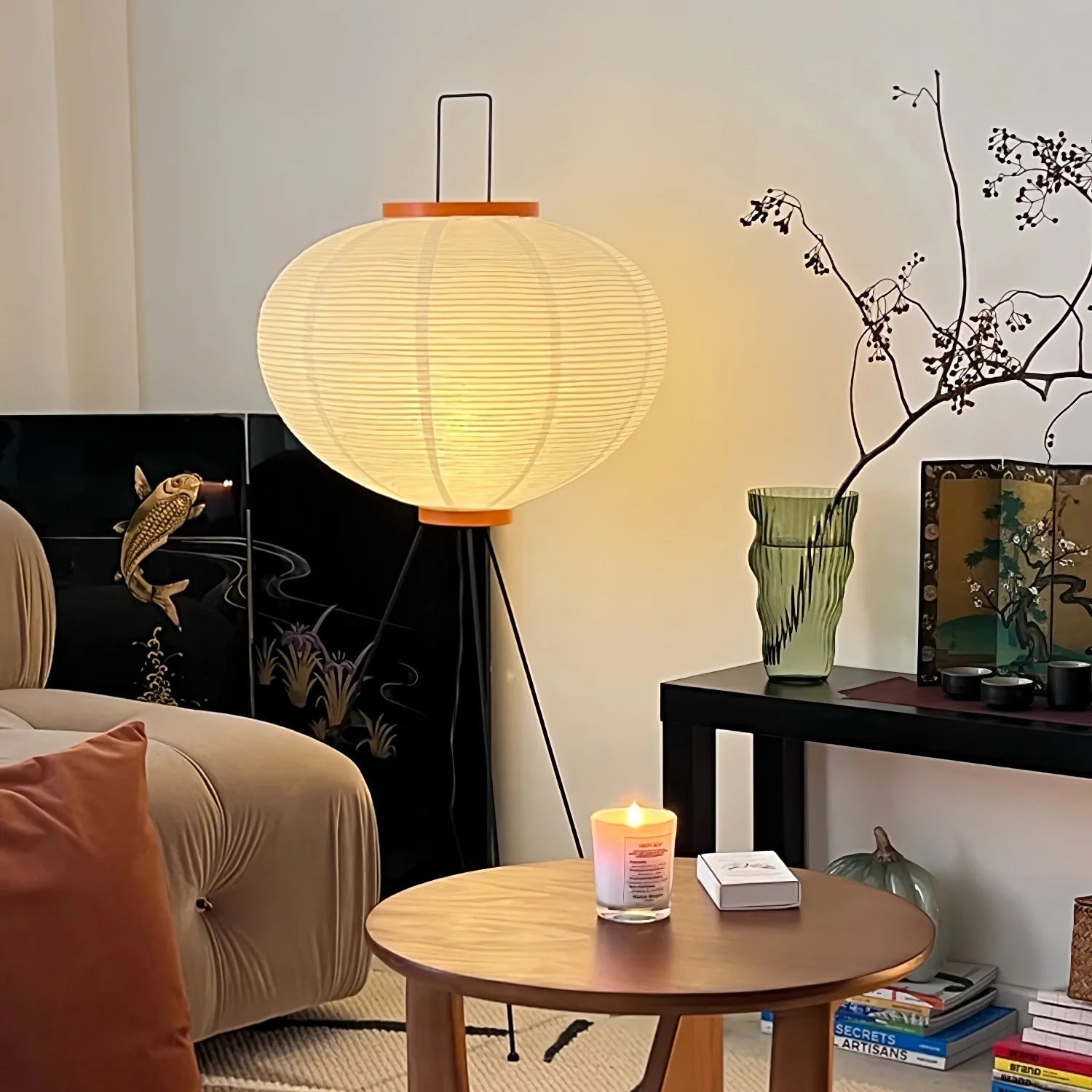 Rice Paper Floor Lamp with Warm Ambient Glow and Wooden Base