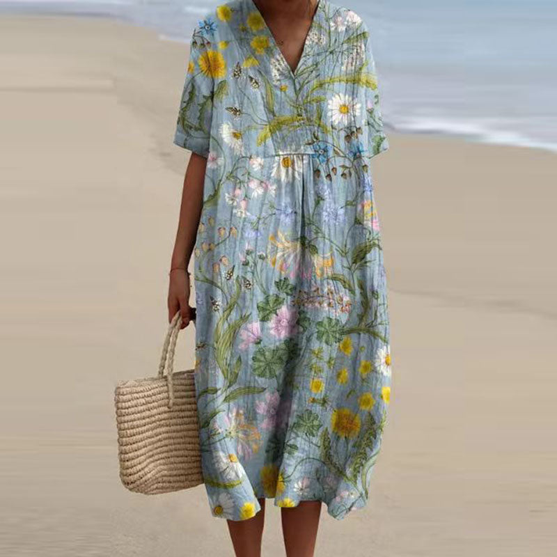 Floral V-Neck Dress with Adjustable Straps and Flowy Skirt