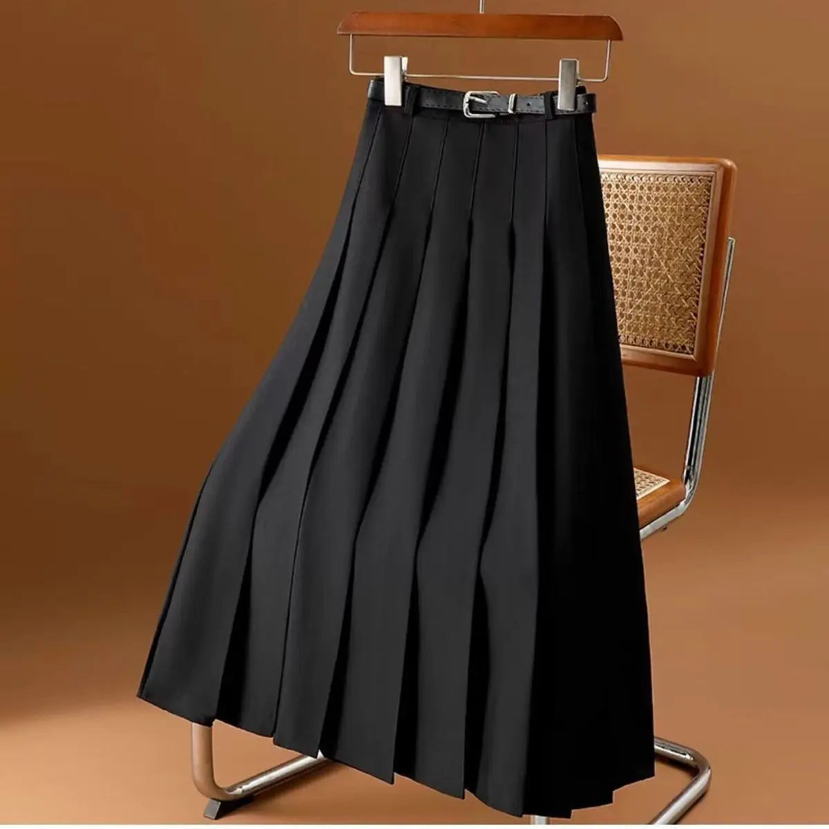 Pleated Midi Skirt for Women - Belted High-Waist A-Line Style