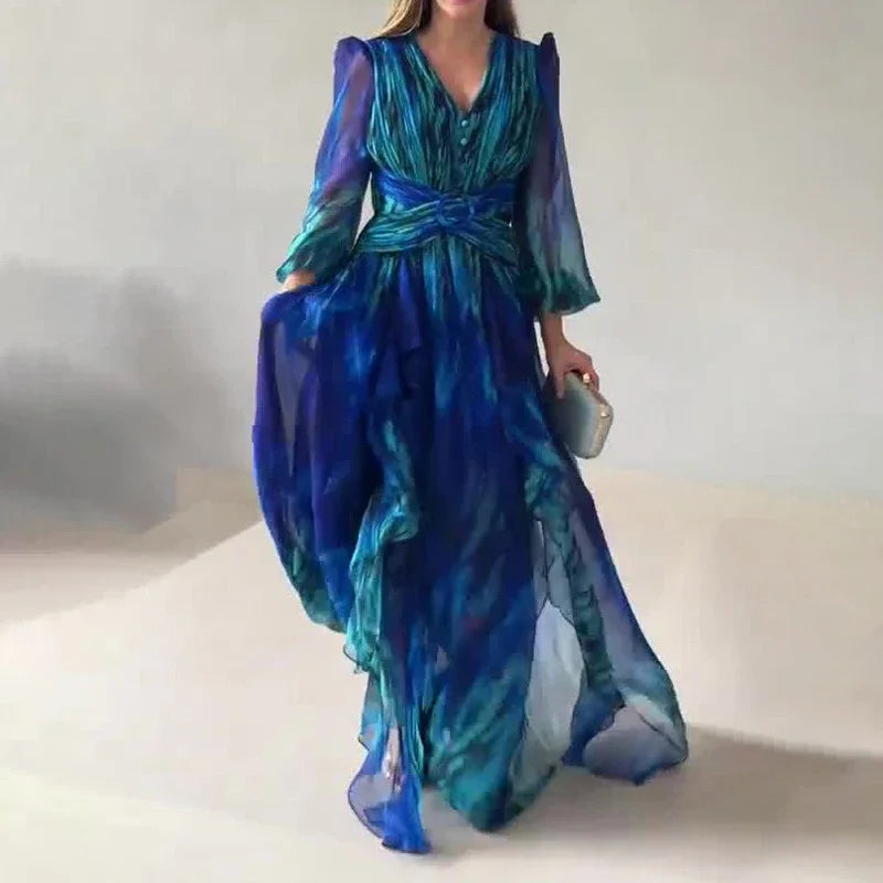 Ruffled Long Sleeve Dress with Fitted Waist and Printed Design