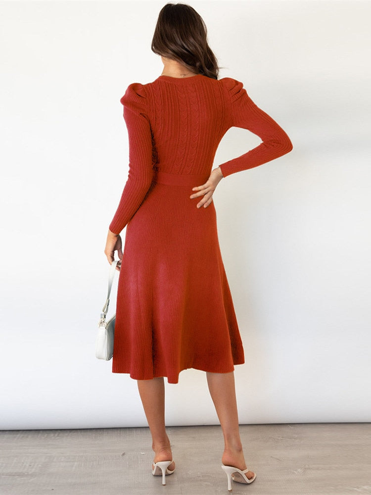 Women's Knit Dress with Long Sleeves, Belted A-Line