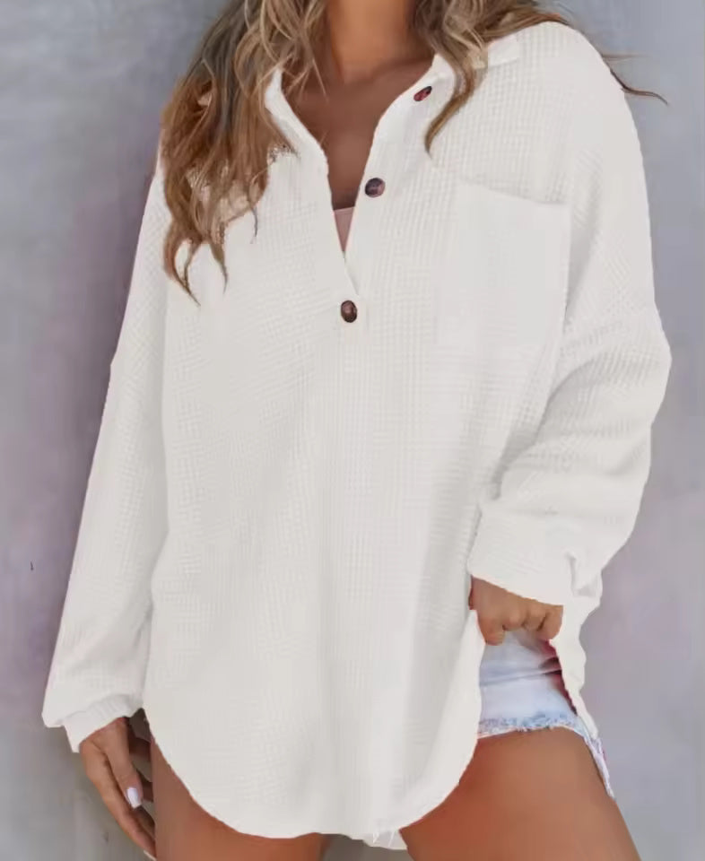 Waffle-Knit V-Neck Long-Sleeve Top for Women