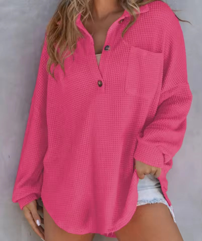 Waffle-Knit V-Neck Long-Sleeve Top for Women