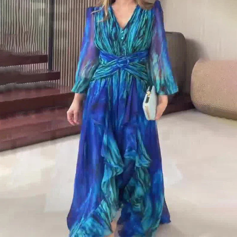 Ruffled Long Sleeve Dress with Fitted Waist and Printed Design