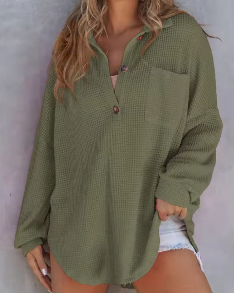 Waffle-Knit V-Neck Long-Sleeve Top for Women