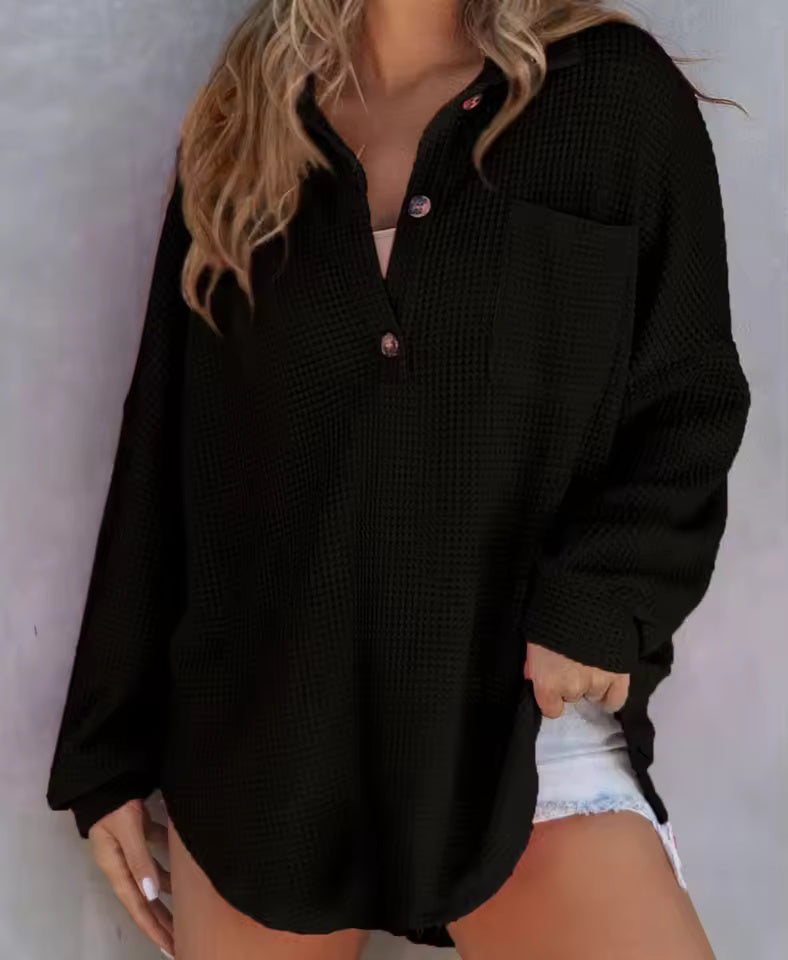 Waffle-Knit V-Neck Long-Sleeve Top for Women