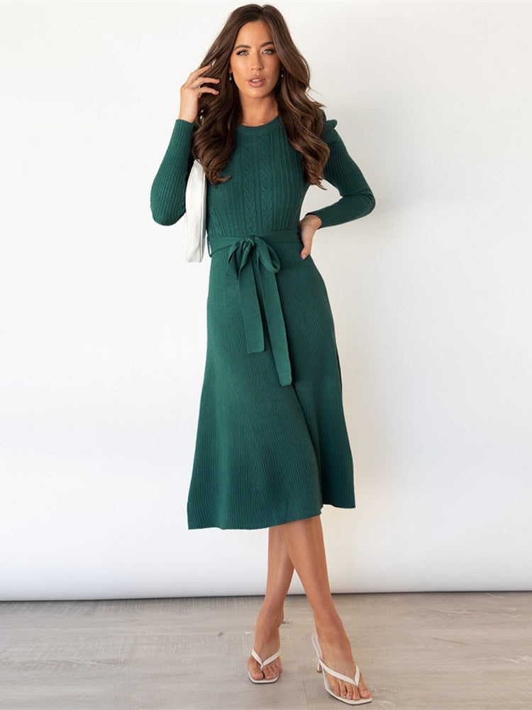 Women's Knit Dress with Long Sleeves, Belted A-Line