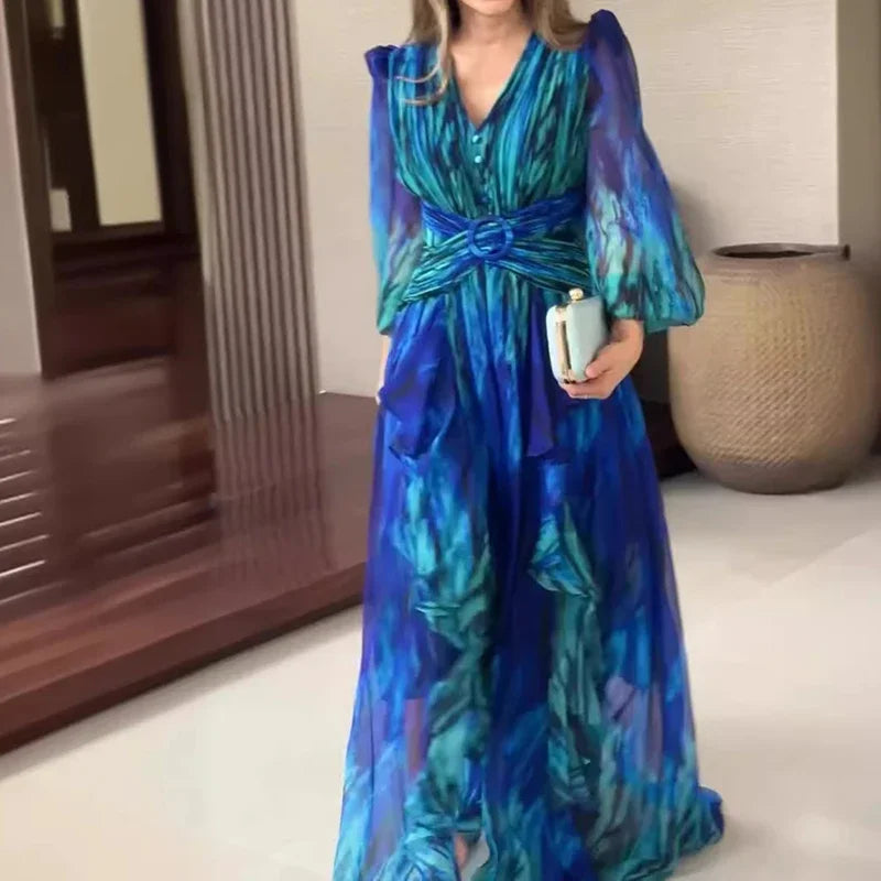 Ruffled Long Sleeve Dress with Fitted Waist and Printed Design