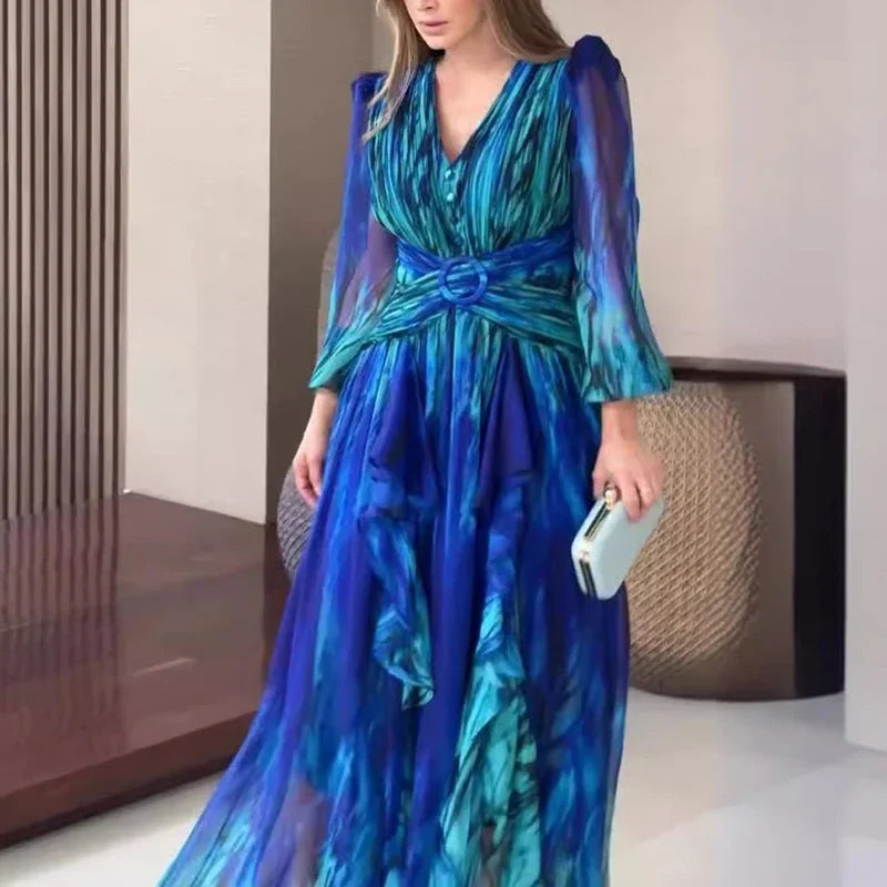 Ruffled Long Sleeve Dress with Fitted Waist and Printed Design