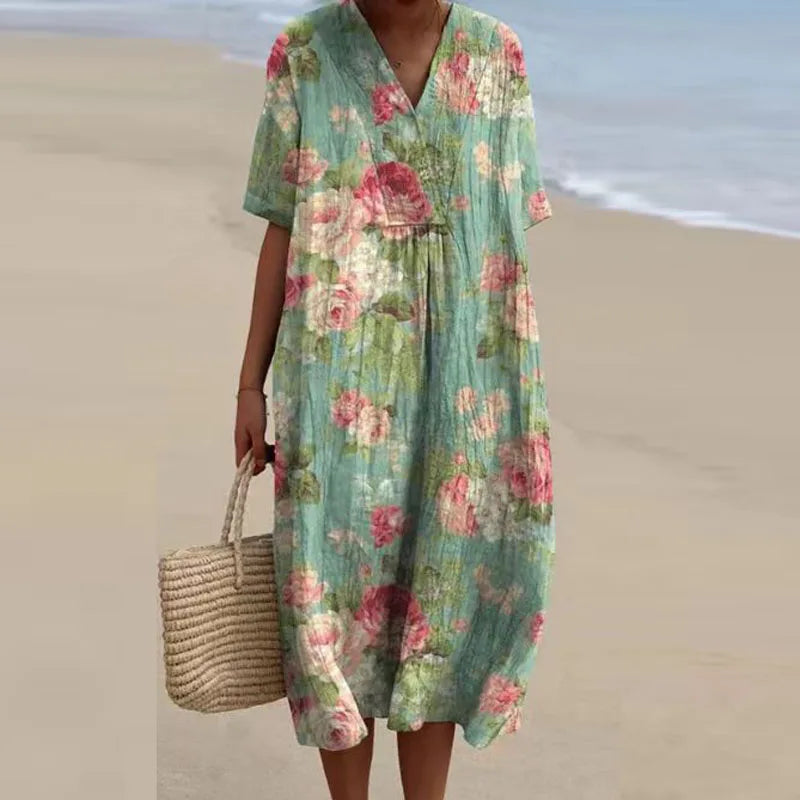 Floral V-Neck Dress with Adjustable Straps and Flowy Skirt