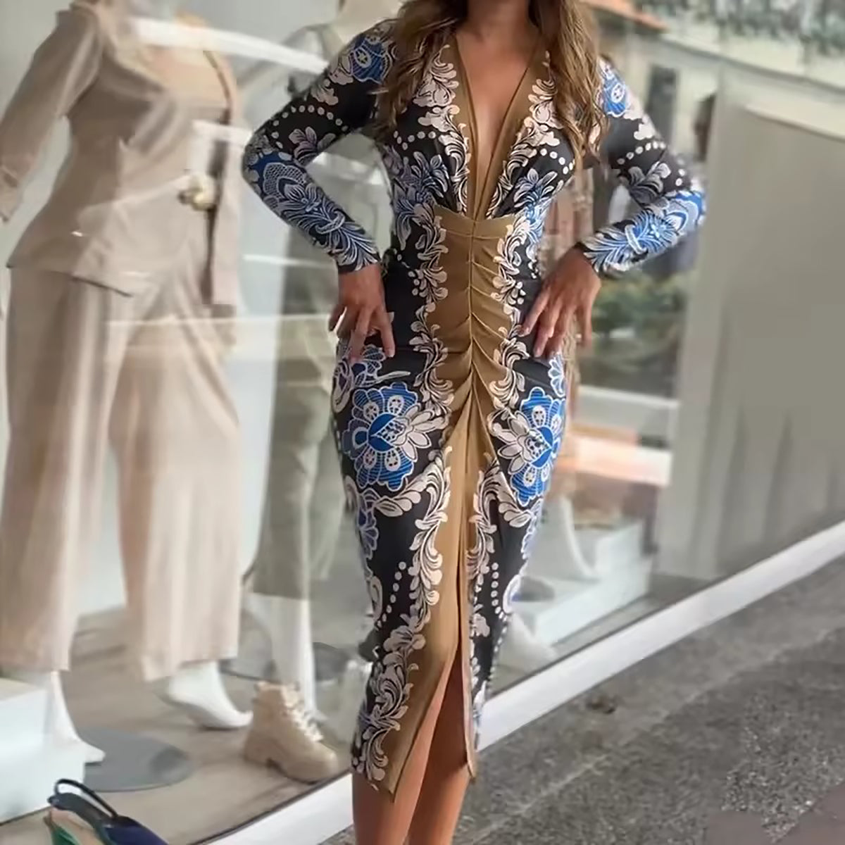 Floral Print Midi Party Dress with Front Ruching Detail