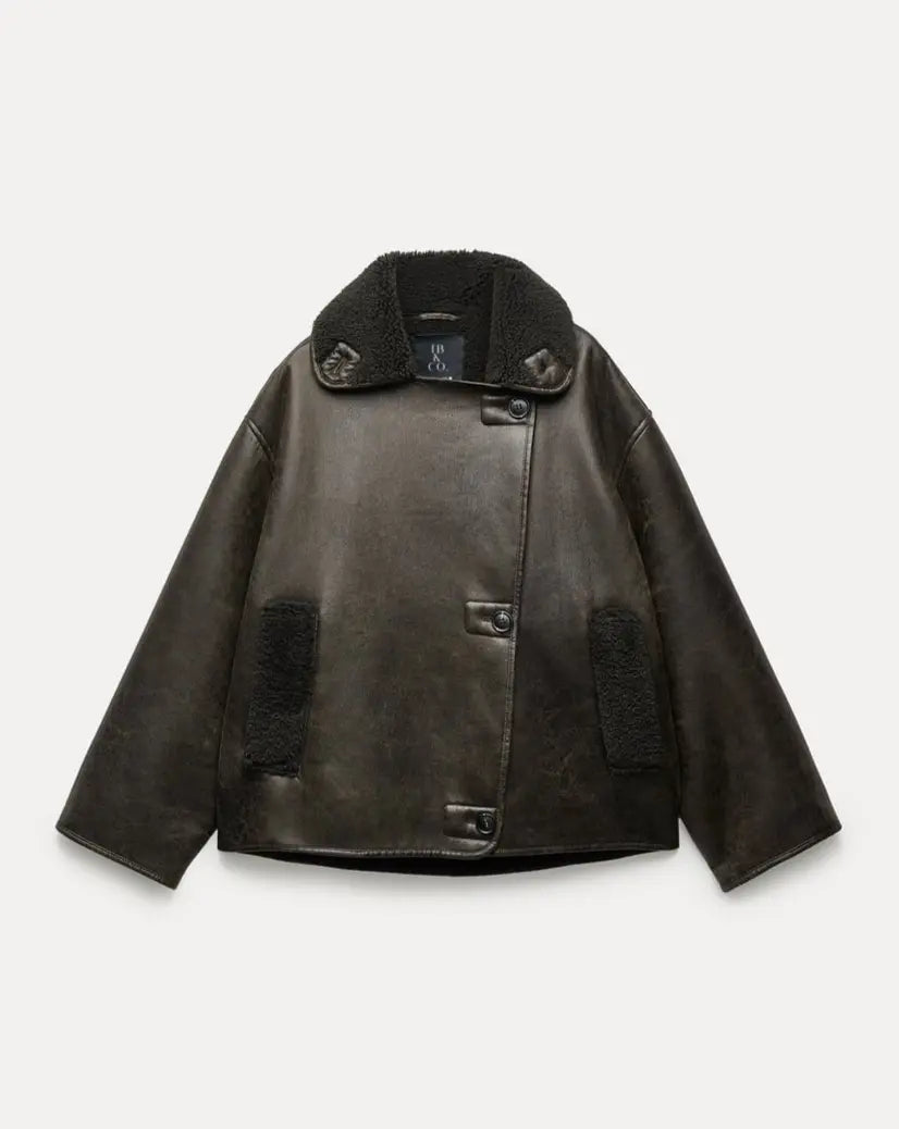 Synthetic Shearling and Leather Outerwear Coat for Warmth and Style