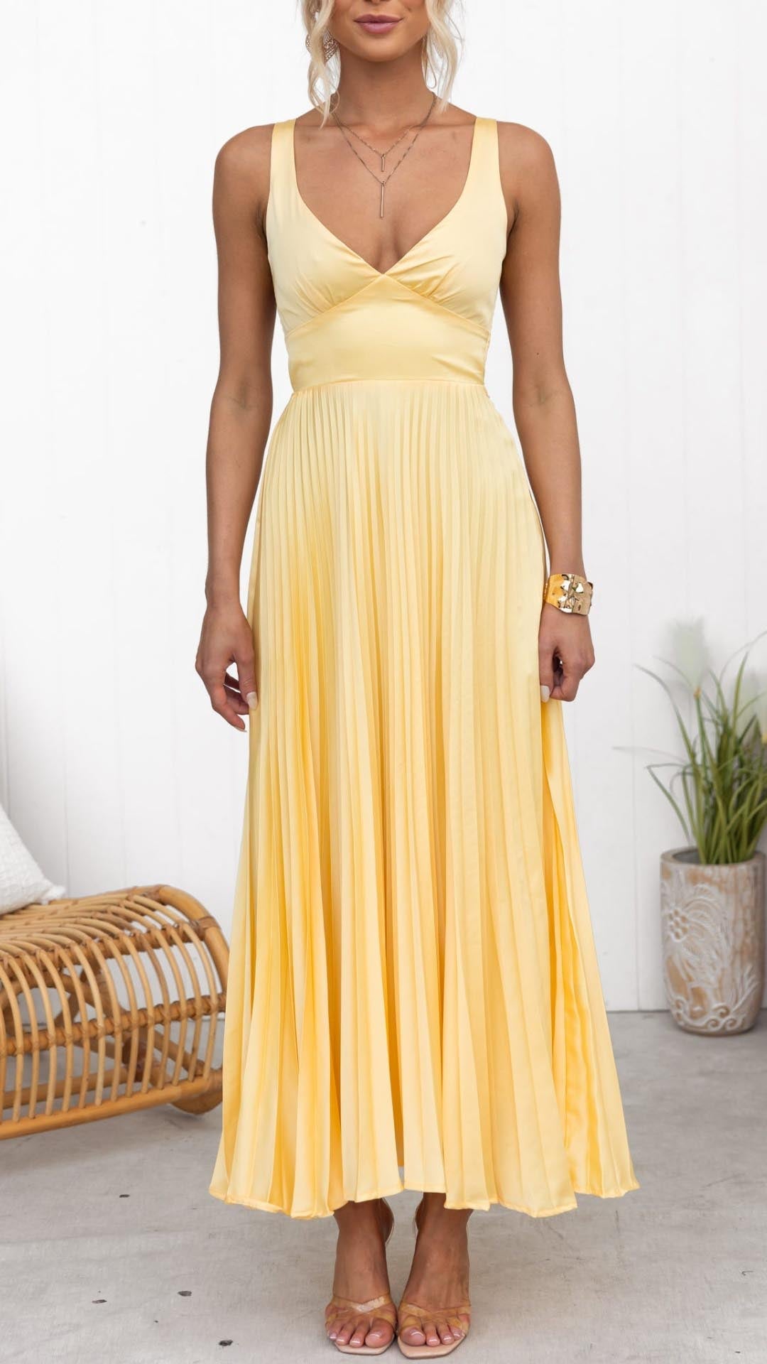 Elegant Yellow Pleated V-Neck Dress for Special Occasions