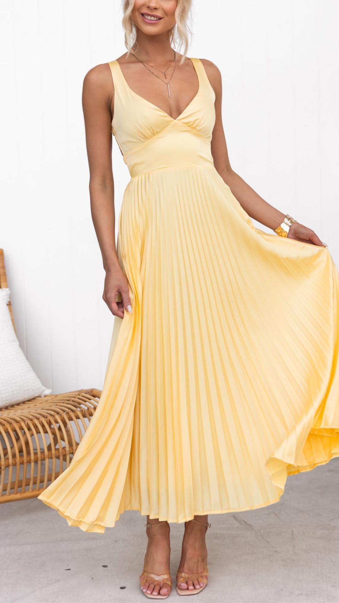 Elegant Yellow Pleated V-Neck Dress for Special Occasions