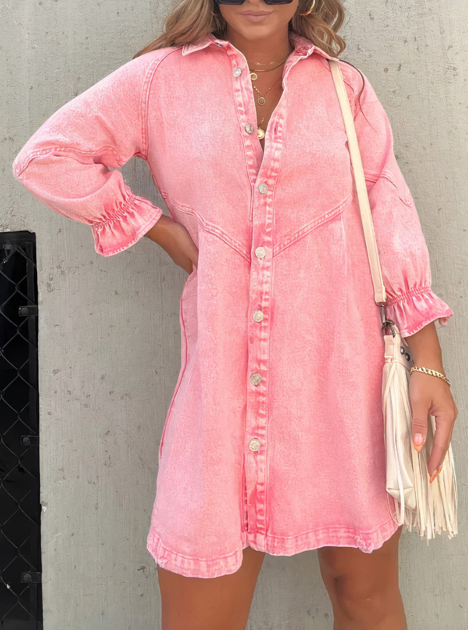 Casual Denim Shirt Dress with Pockets and Adjustable Waist