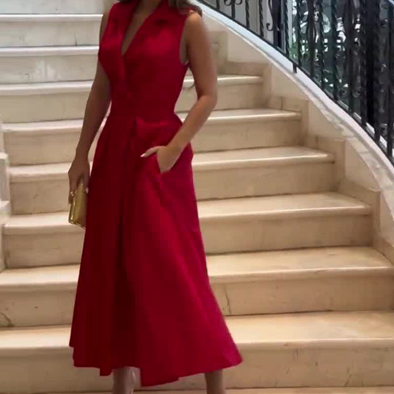 Crimson V-Neck Midi Dress for Effortless Style