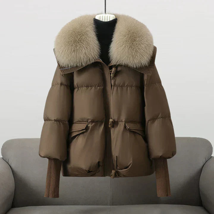 Winter Padded Coat with Faux Fur Collar for Women