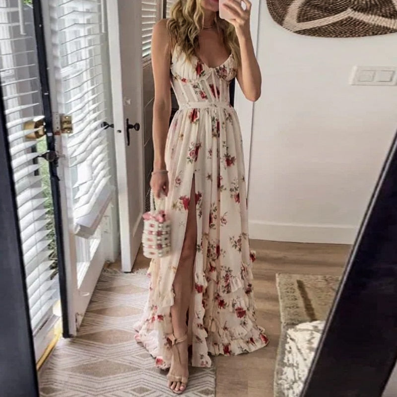 Floral Long Dress with Slit and Elegant Design