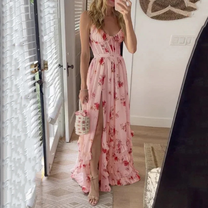 Floral Long Dress with Slit and Elegant Design