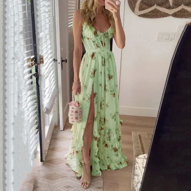 Floral Long Dress with Slit and Elegant Design