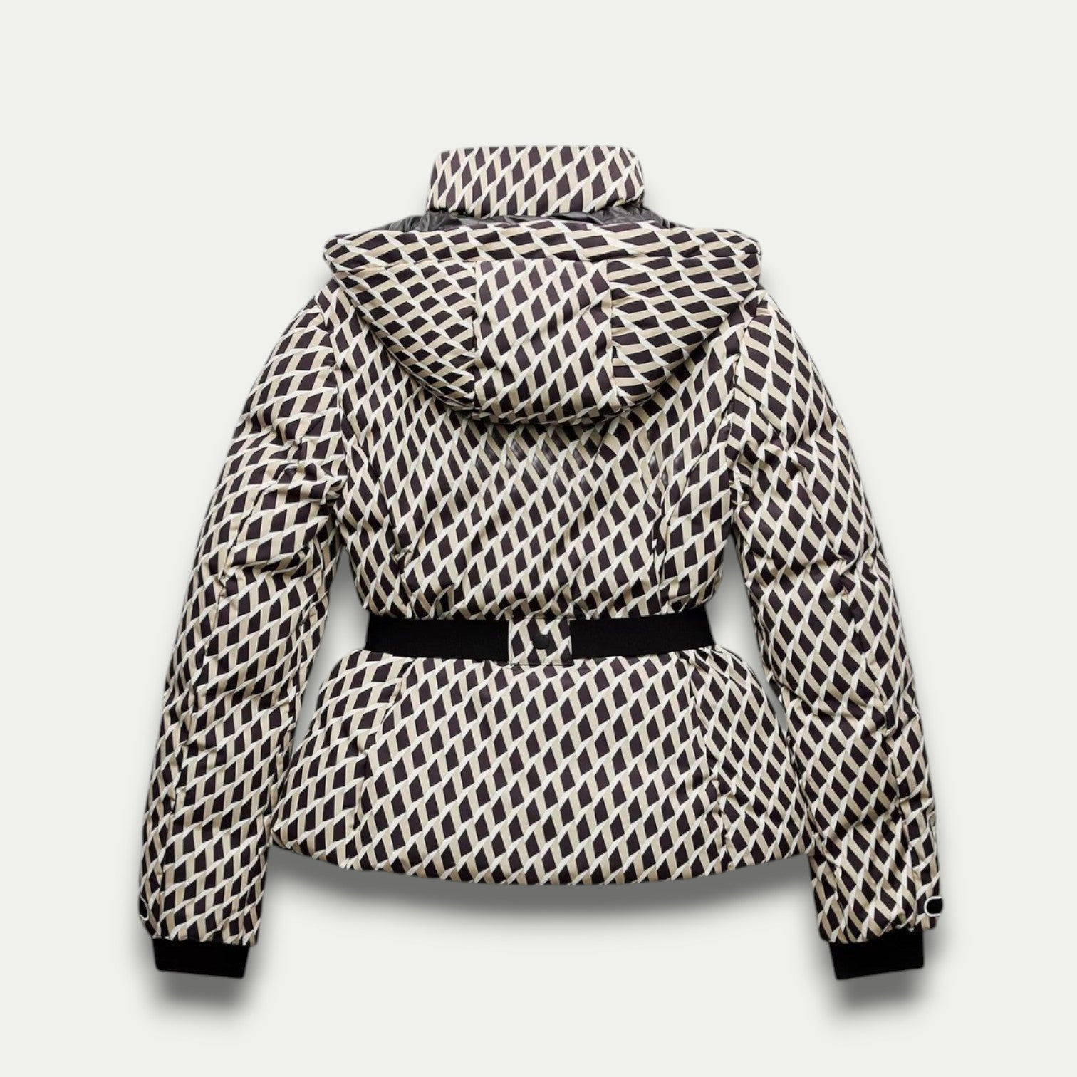 Beige Patterned Puffer Jacket, Belted, Water-Resistant