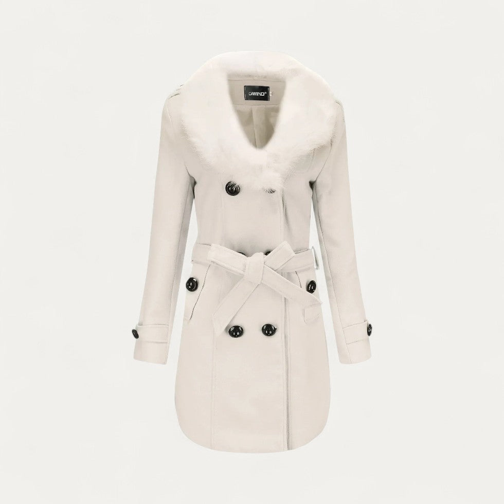 Women's Belted Trench Coat, Double-Breasted Faux Fur Collar
