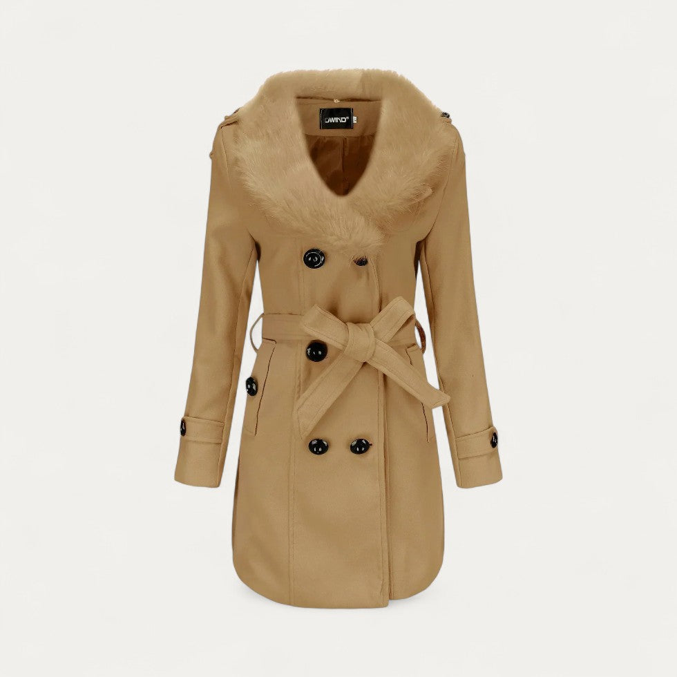 Women's Belted Trench Coat, Double-Breasted Faux Fur Collar