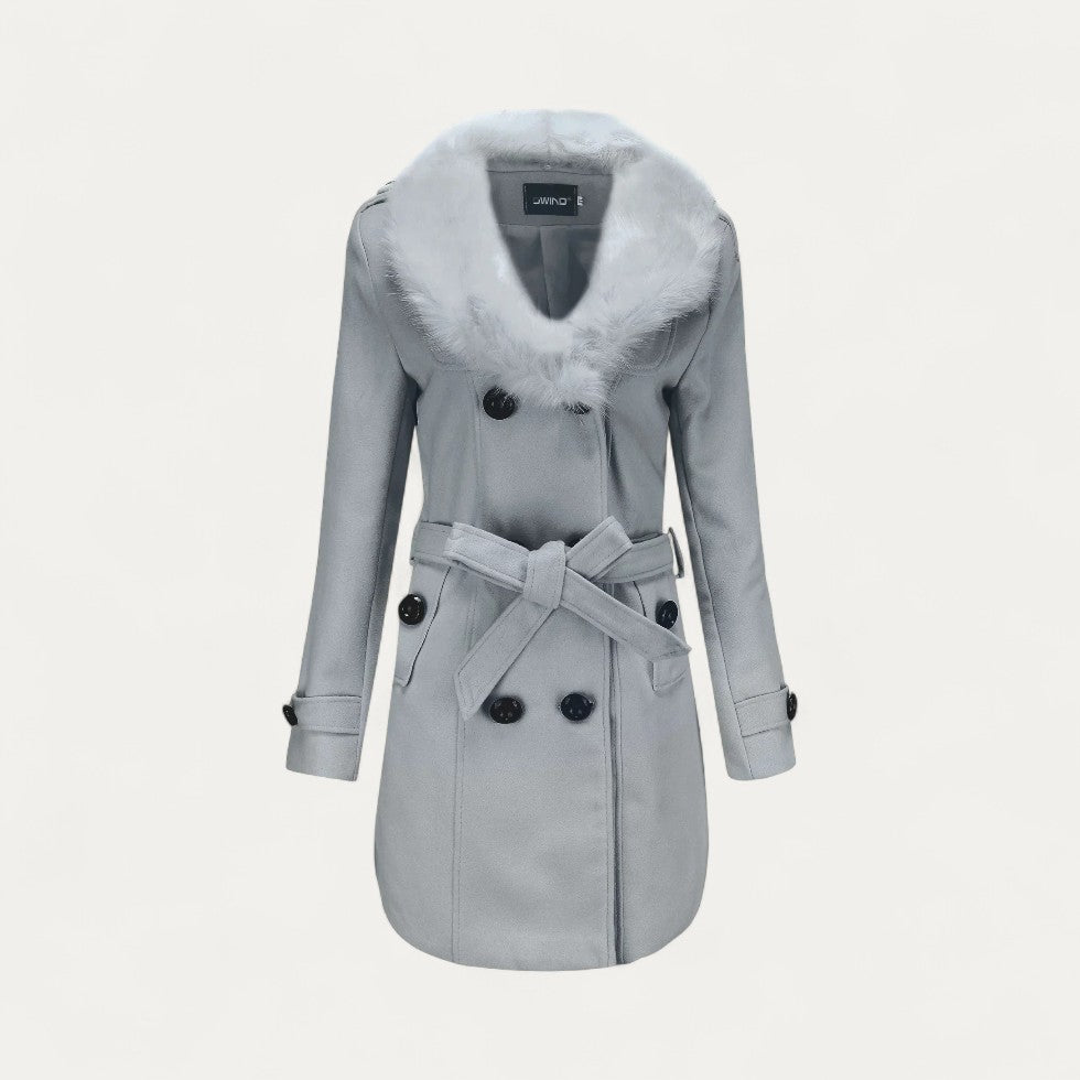 Women's Belted Trench Coat, Double-Breasted Faux Fur Collar