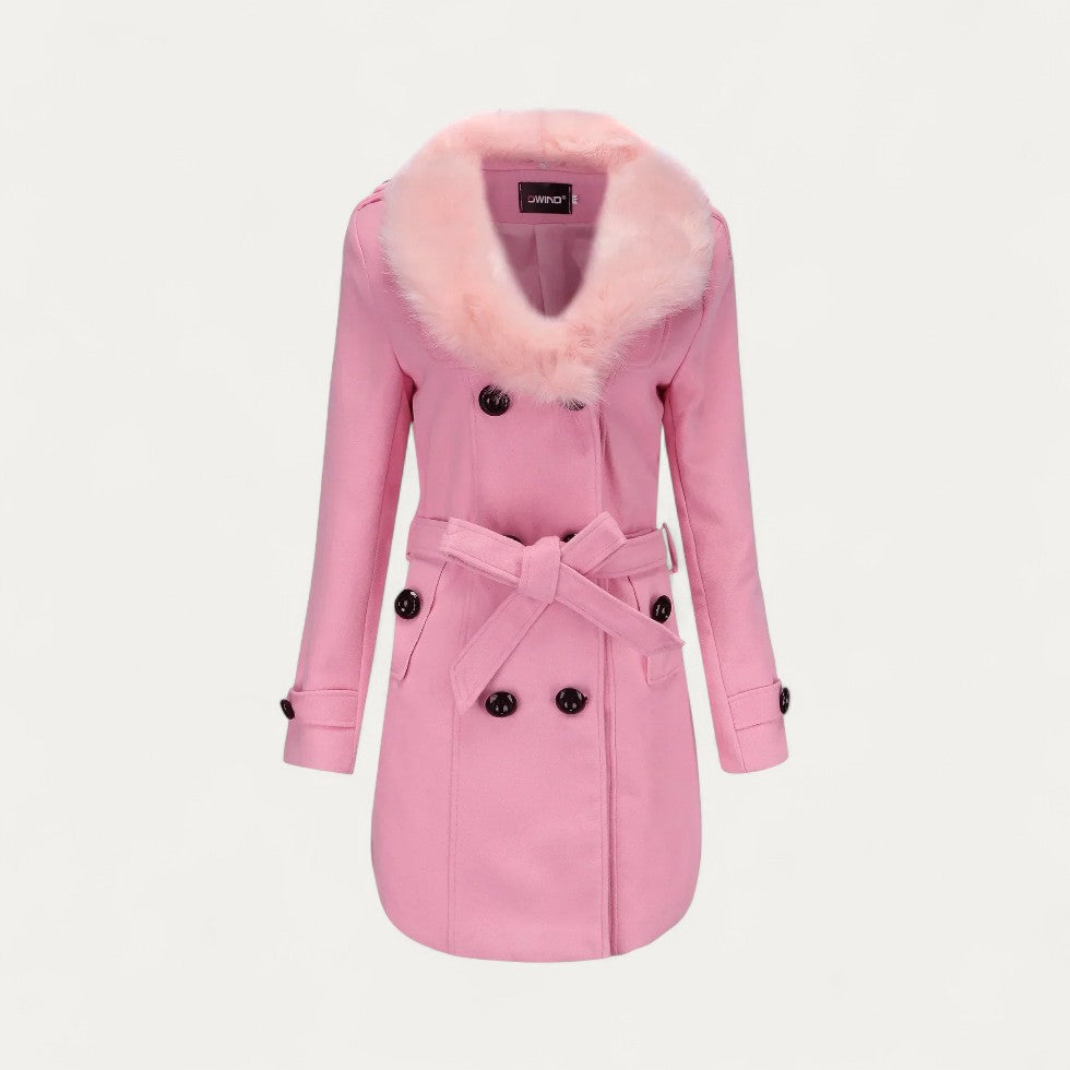 Women's Belted Trench Coat, Double-Breasted Faux Fur Collar