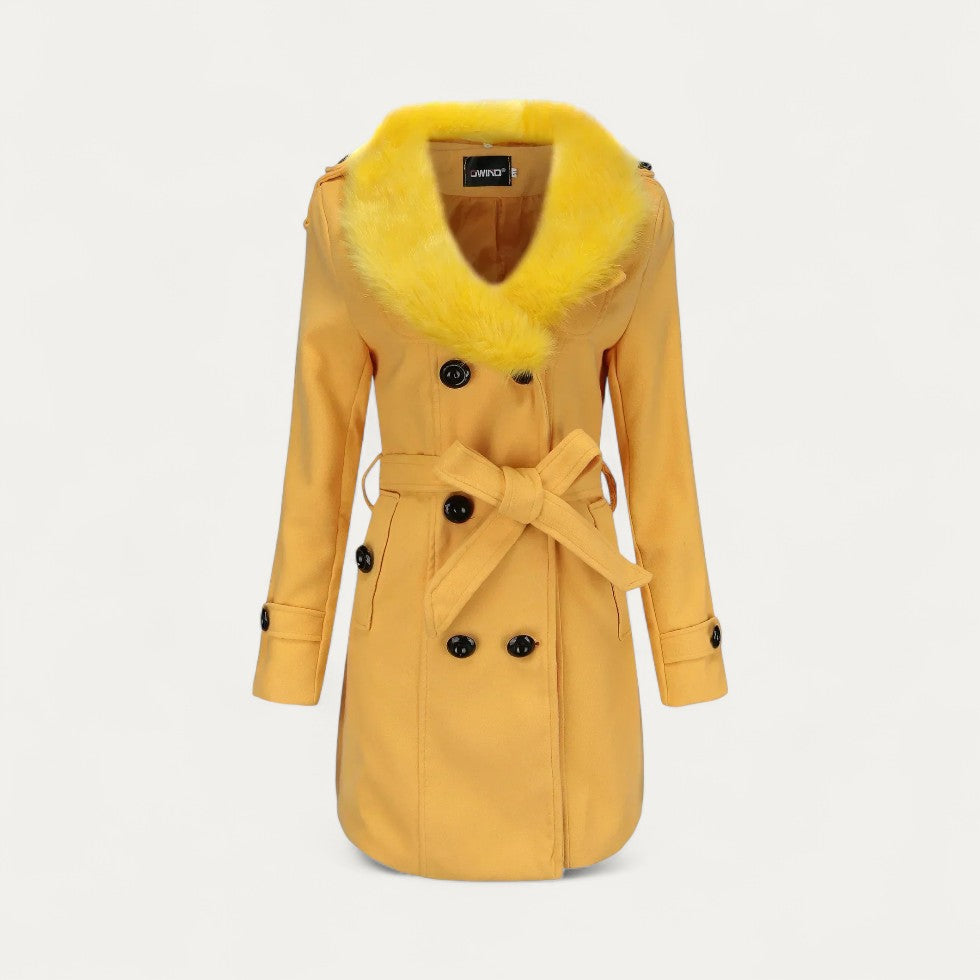 Women's Belted Trench Coat, Double-Breasted Faux Fur Collar