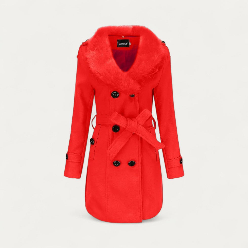 Women's Belted Trench Coat, Double-Breasted Faux Fur Collar