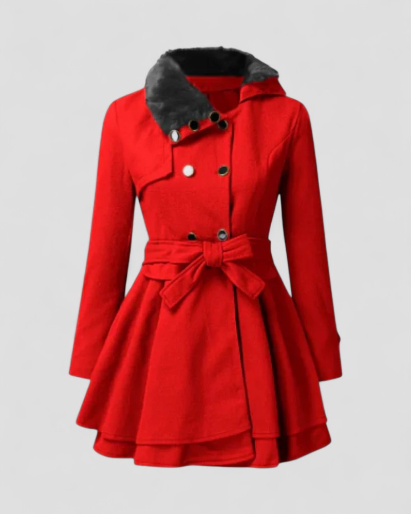 Women’s Double-Breasted Belted Winter Coat with Fur Collar