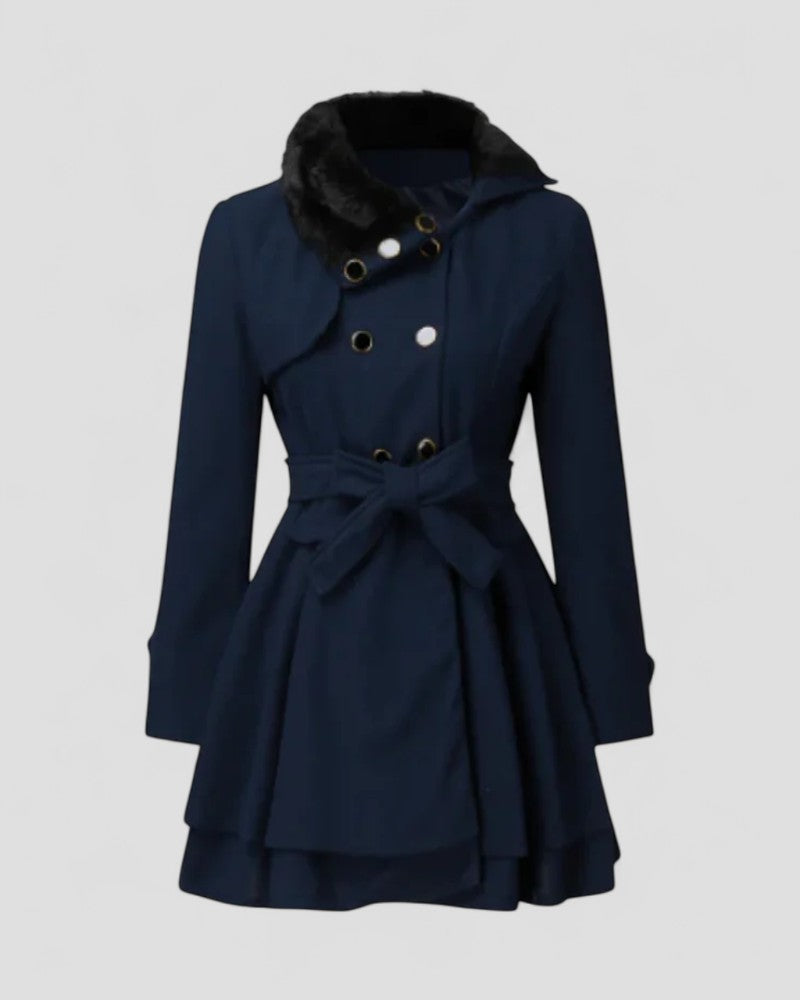 Women’s Double-Breasted Belted Winter Coat with Fur Collar