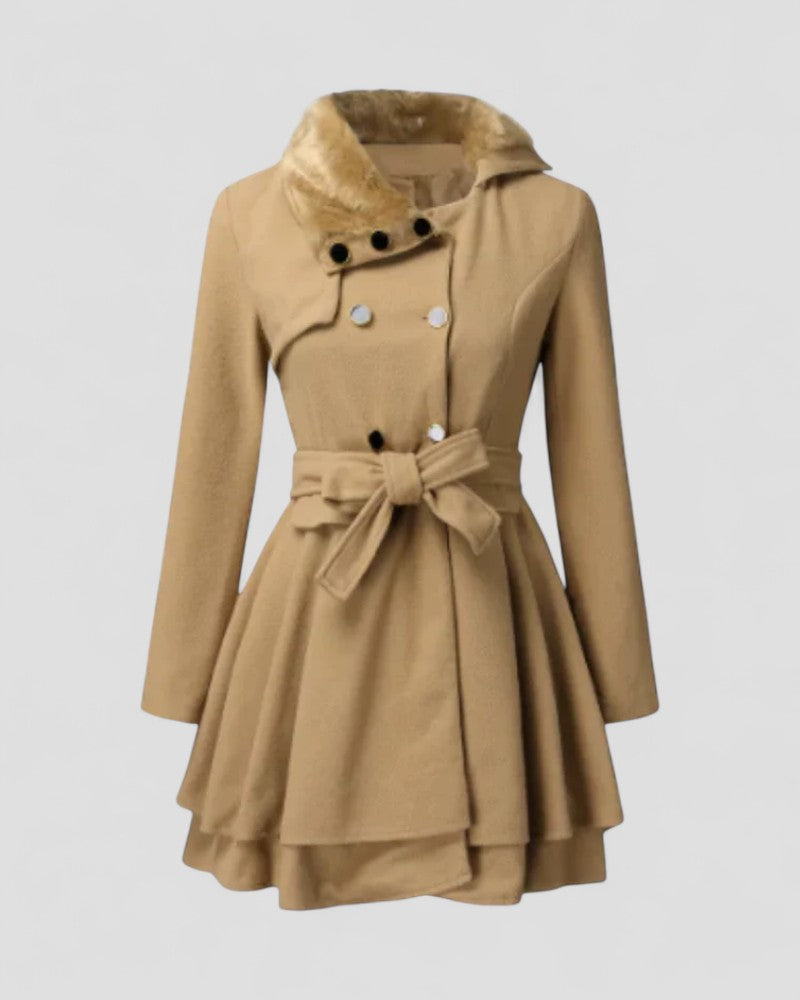Women’s Double-Breasted Belted Winter Coat with Fur Collar