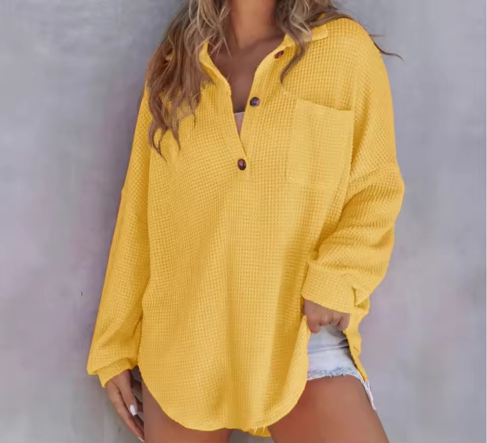 Waffle-Knit V-Neck Long-Sleeve Top for Women