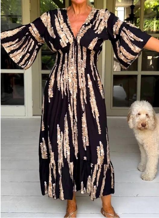 Elegant Long V-Neck Dress in Aurora Color
