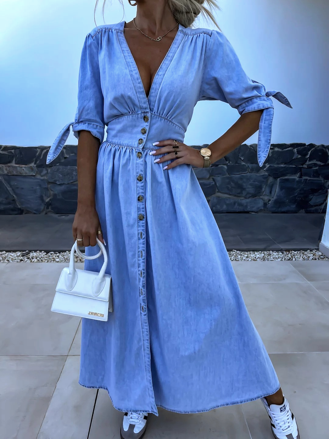 Chic Long Chambray Dress with Stylish Front Slit