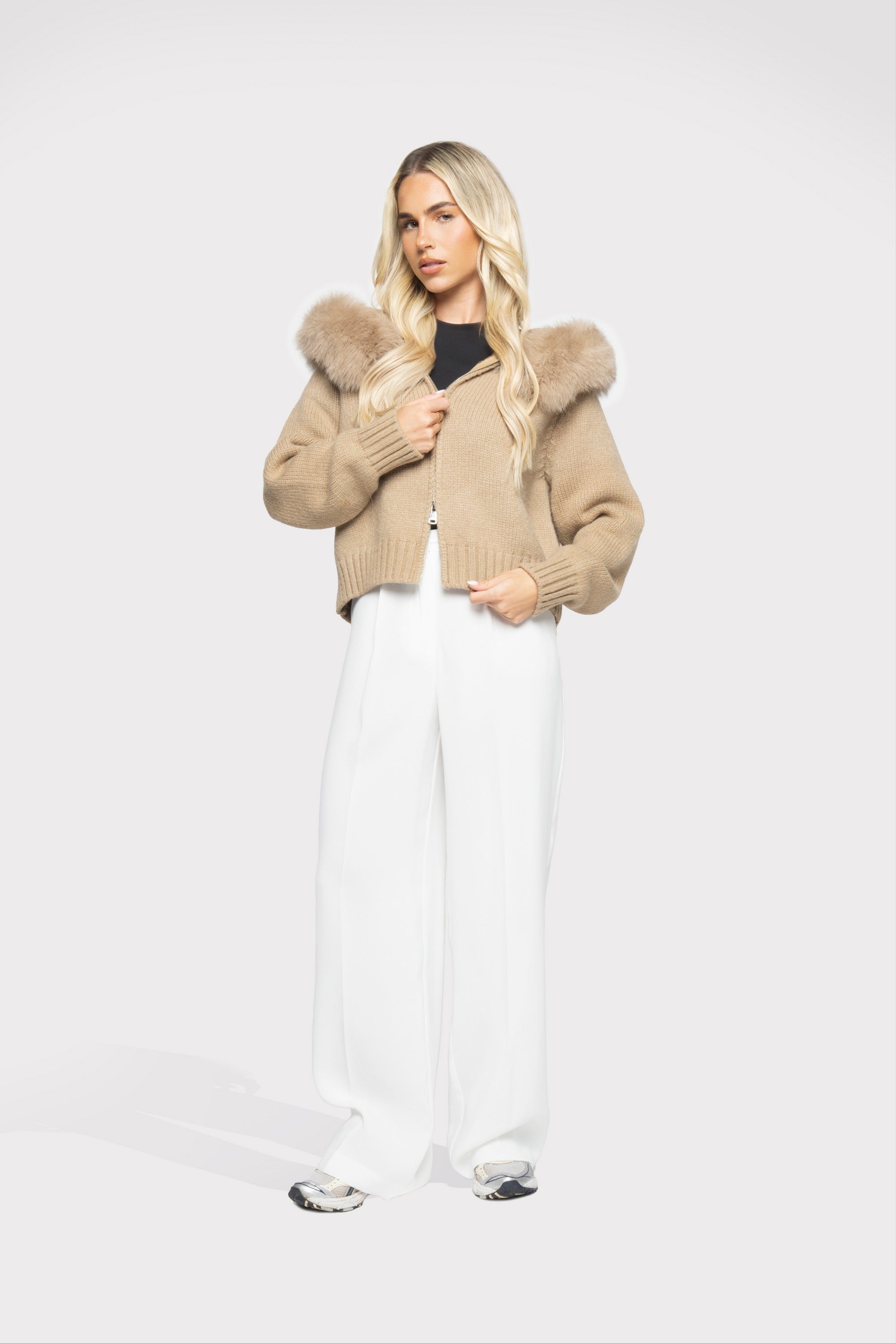 Women's Wool-Blend Jacket with Fur Hood