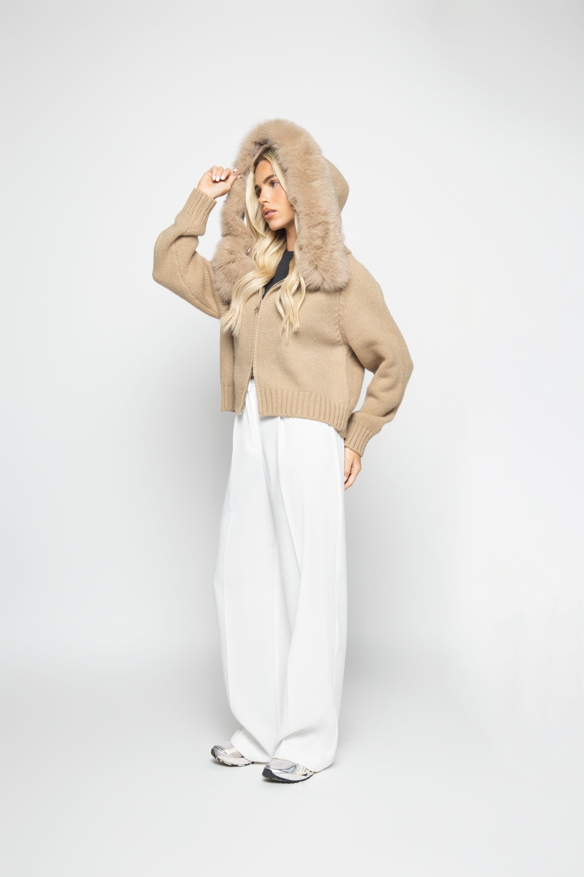 Women's Wool-Blend Jacket with Fur Hood