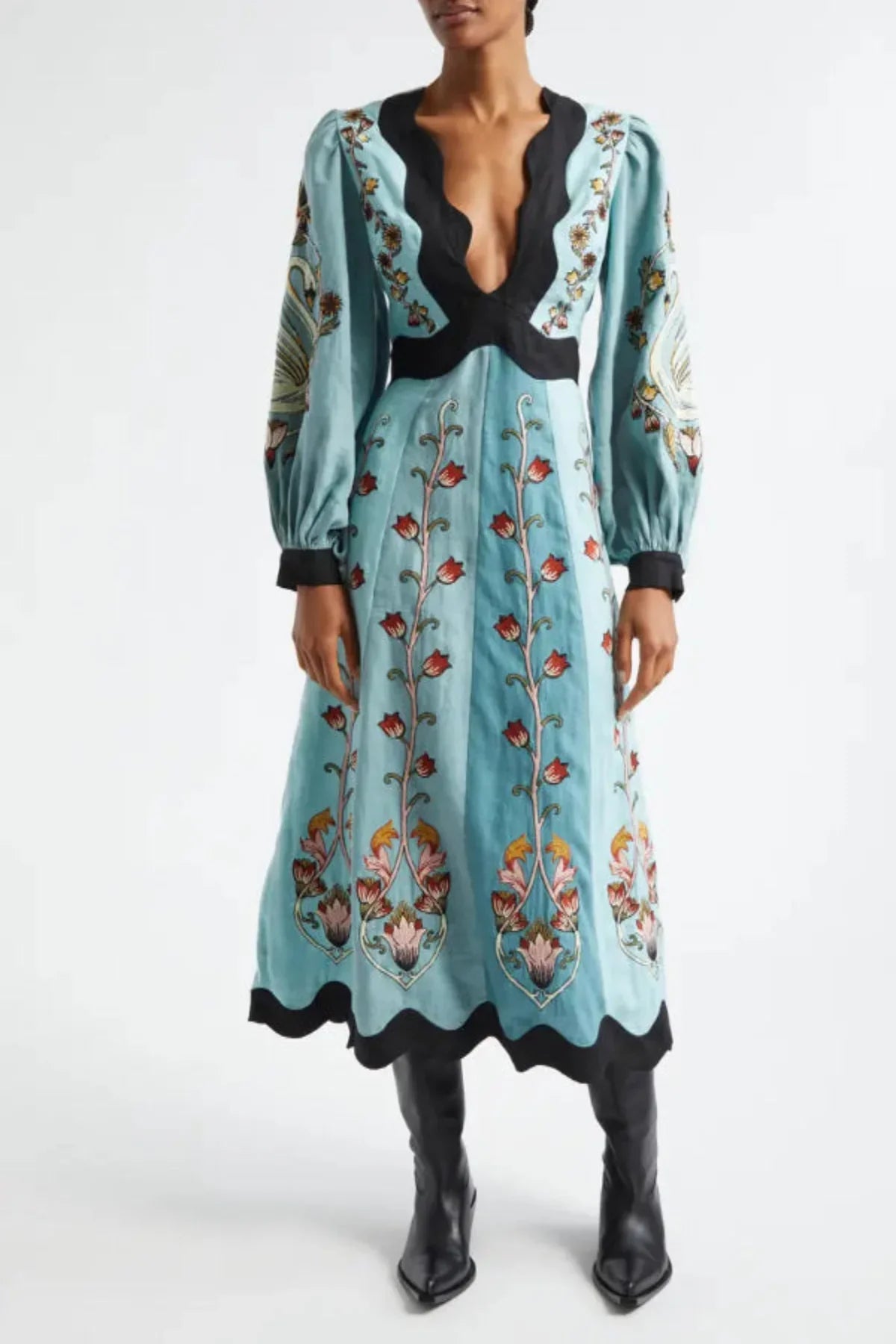 Sky Blue Elegant Midi Dress with Flattering Fit and Flowing Design