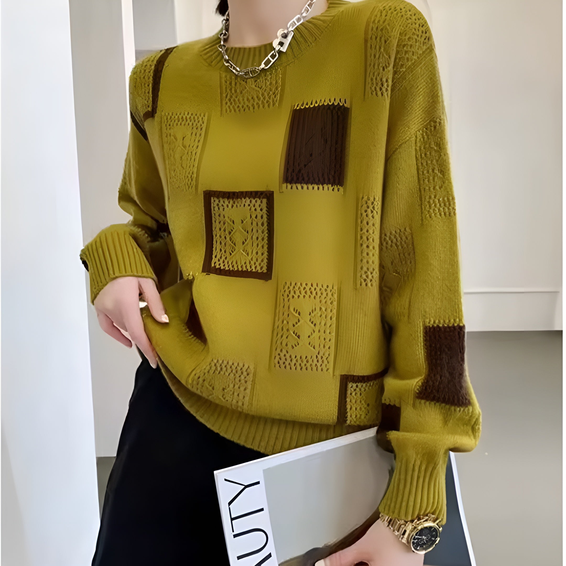 Patchwork Knit Sweater – Modern Geometric Style