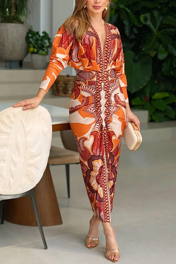 Ruched Midi Dress with Long Sleeves, Split Detail, and Print Design