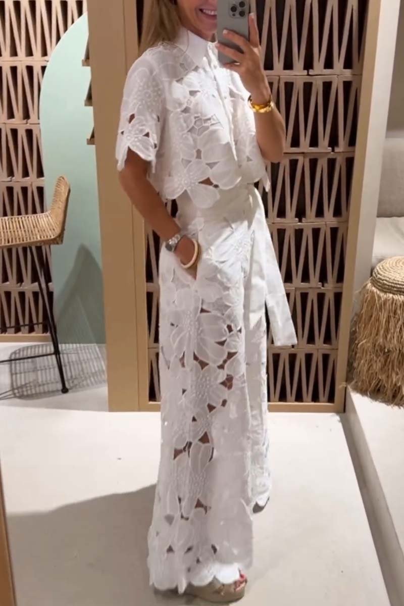 Lace Blouse and Wide Leg Trousers Set for Women