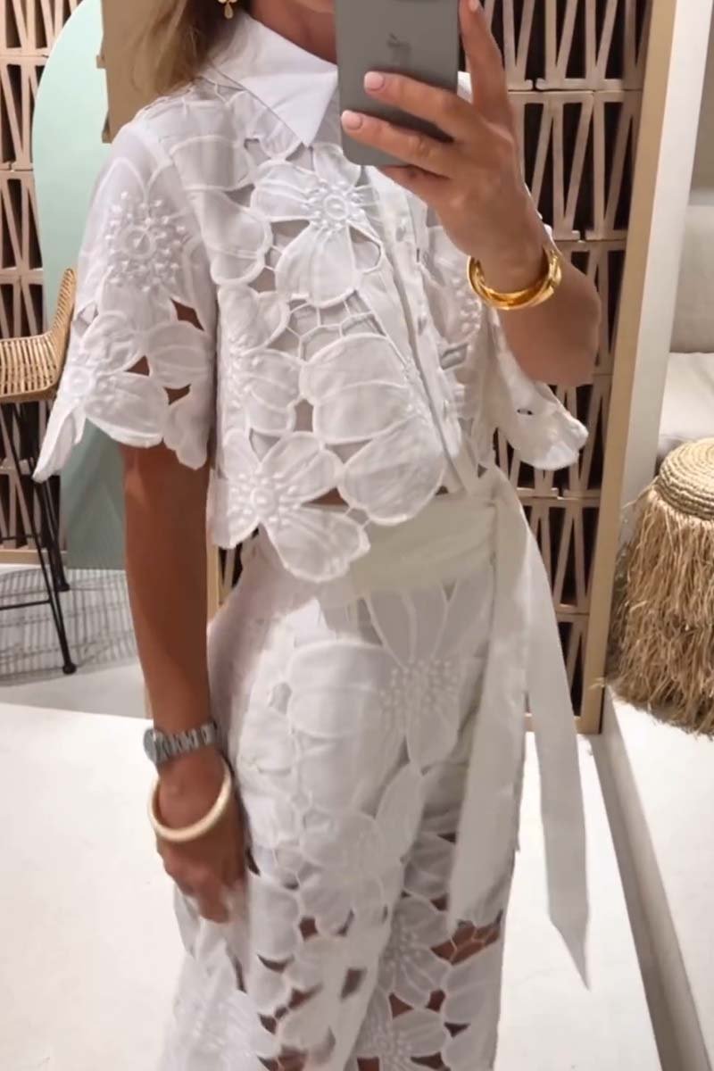 Lace Blouse and Wide Leg Trousers Set for Women